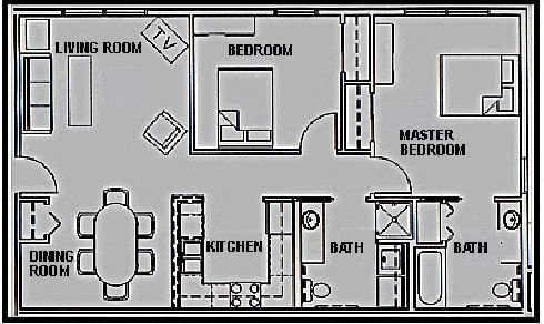 Floor plan for 2 beds, 2 baths, 1125 sqft